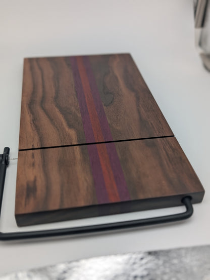 Handcrafted Cheese Slicer Board – Padauk, Purpleheart & Walnut with Matte Black Hardware