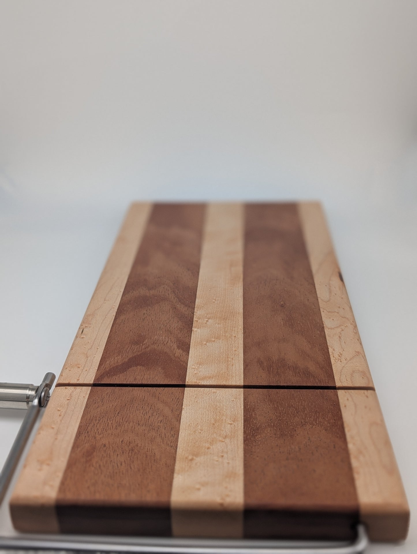 Handcrafted Cheese Slicer Board – Mahogany & Bird’s Eye Maple with Silver Hardware