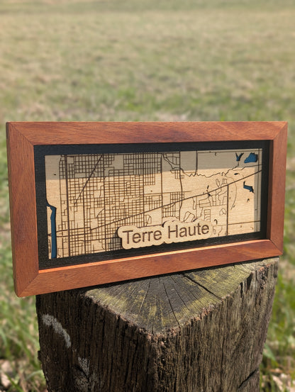 Terre Haute Map with Cherry Frame
