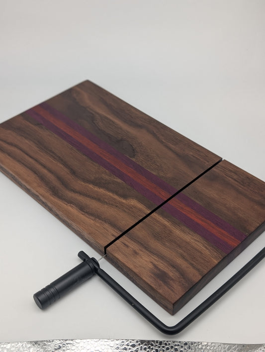 Handcrafted Cheese Slicer Board – Padauk, Purpleheart & Walnut with Matte Black Hardware