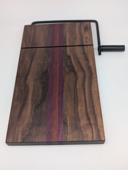 Handcrafted Cheese Slicer Board – Padauk, Purpleheart & Walnut with Matte Black Hardware