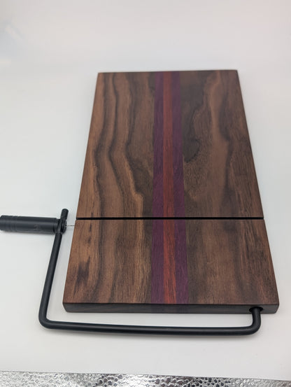 Handcrafted Cheese Slicer Board – Padauk, Purpleheart & Walnut with Matte Black Hardware