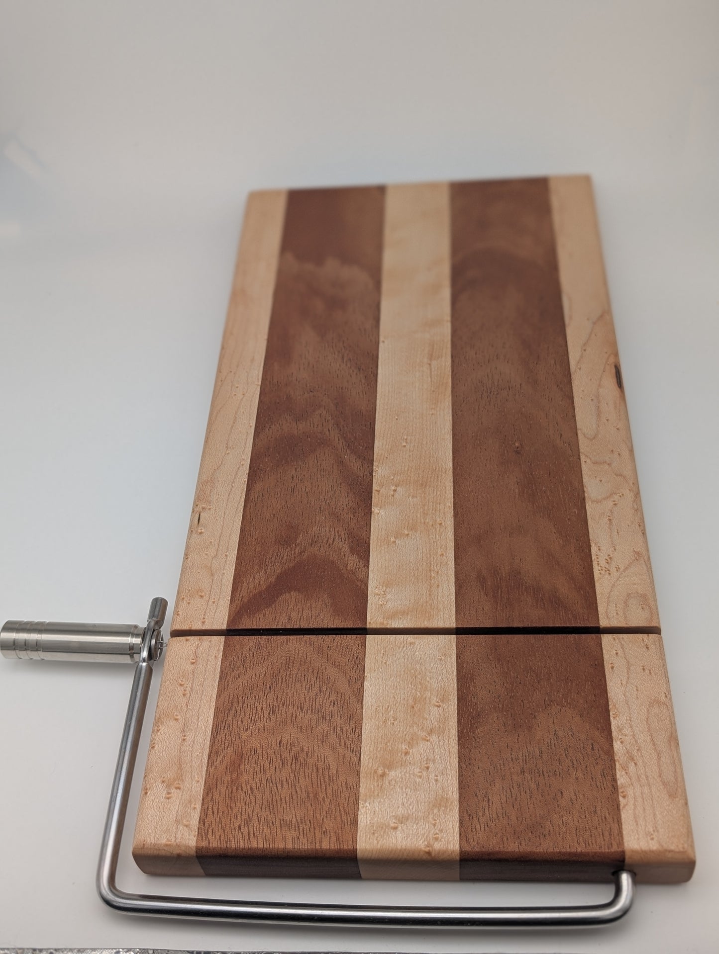 Handcrafted Cheese Slicer Board – Mahogany & Bird’s Eye Maple with Silver Hardware
